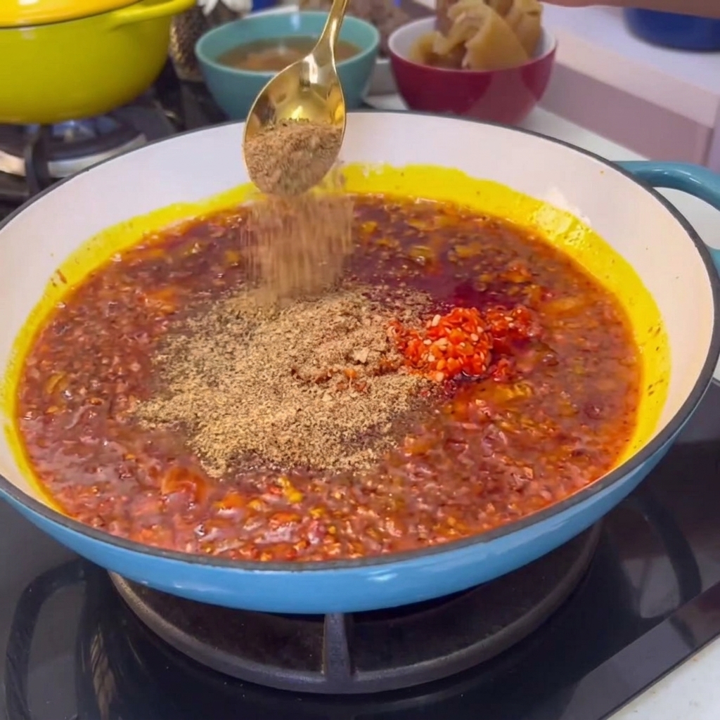 Ein Löffel Gewürzpulver wird über die köchelnde rote Chilisauce in einer Pfanne gestreut.