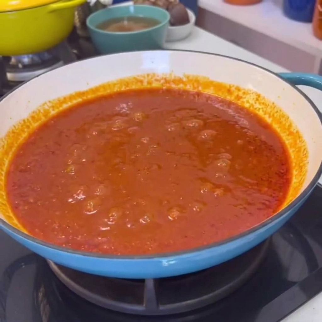 Ein großer Teller mit gekochter Schweinehaut wird in eine lebhafte rote Chilisauce in einem blauen Topf gegeben und verrührt.