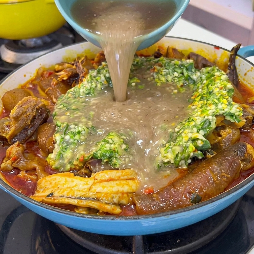 Reichhaltige braune Rinderknochenbrühe wird aus einer Schüssel in einen großen Kochtopf mit Okra und Fleisch gegossen.