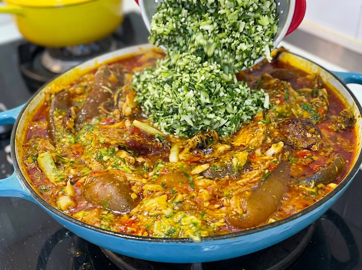 Weitere gehackte grüne Okra wird zu einem überquellenden Topf Suppe gegeben und vorsichtig mit einem Spatel vermischt.