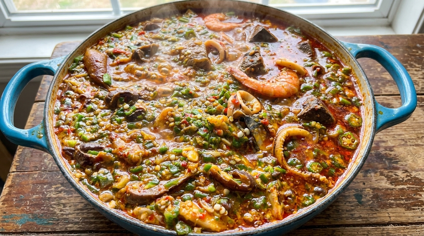 Ein großer, köchelnder Topf mit würzigem roten Okra-Eintopf, gefüllt mit Garnelen, Schweinefleisch und Meeresfrüchten.
