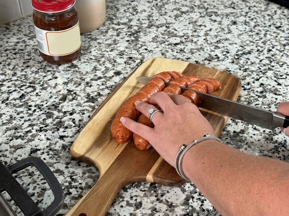 Scheiben von Andouille-Wurst, die auf einem Holzschneidebrett mit einem Messer geschnitten werden.