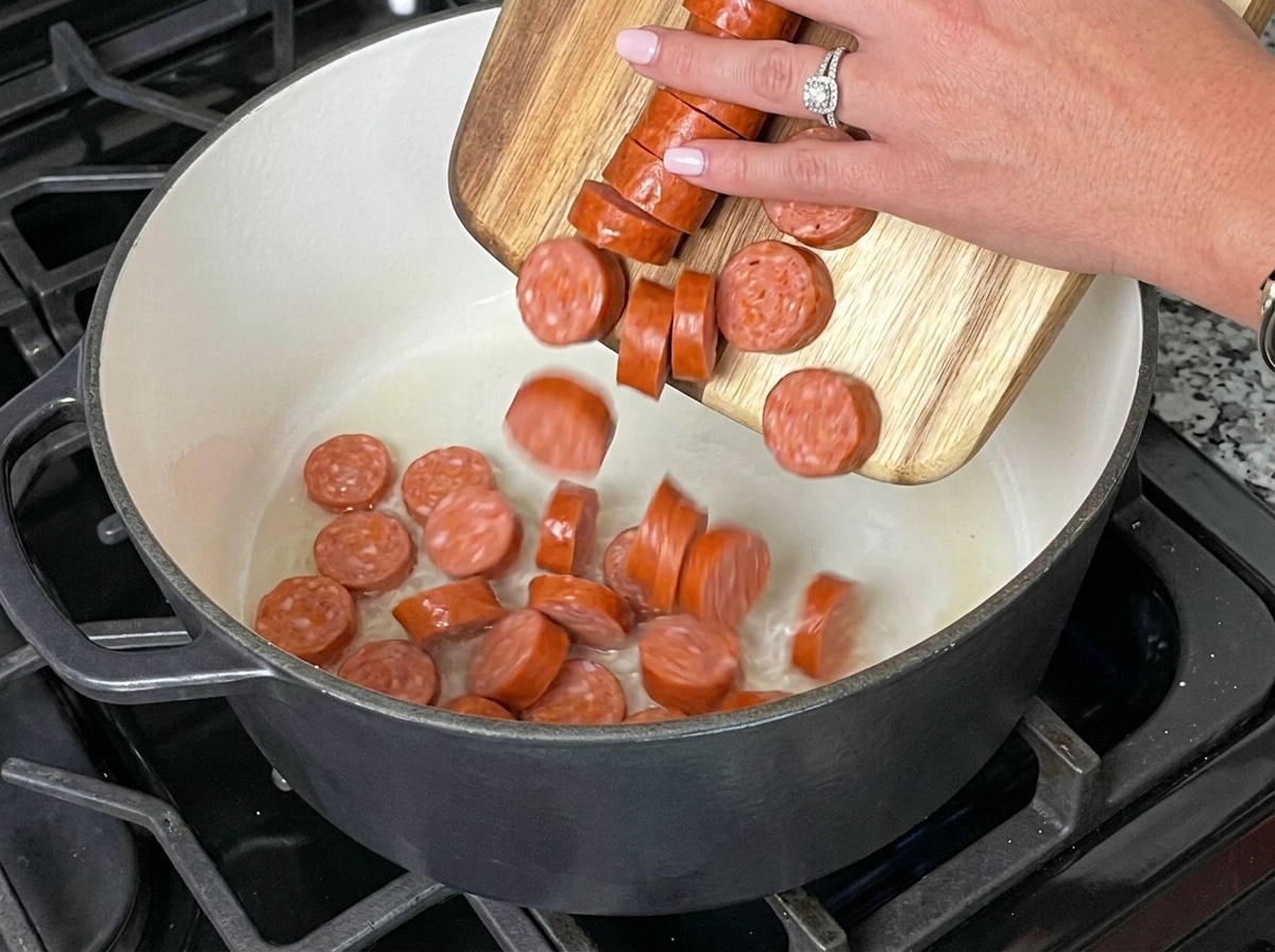 In Scheiben geschnittene Andouille-Wurst wird von einem Holzbrett in einen heißen Topf mit geschmolzenem Fett gegeben.