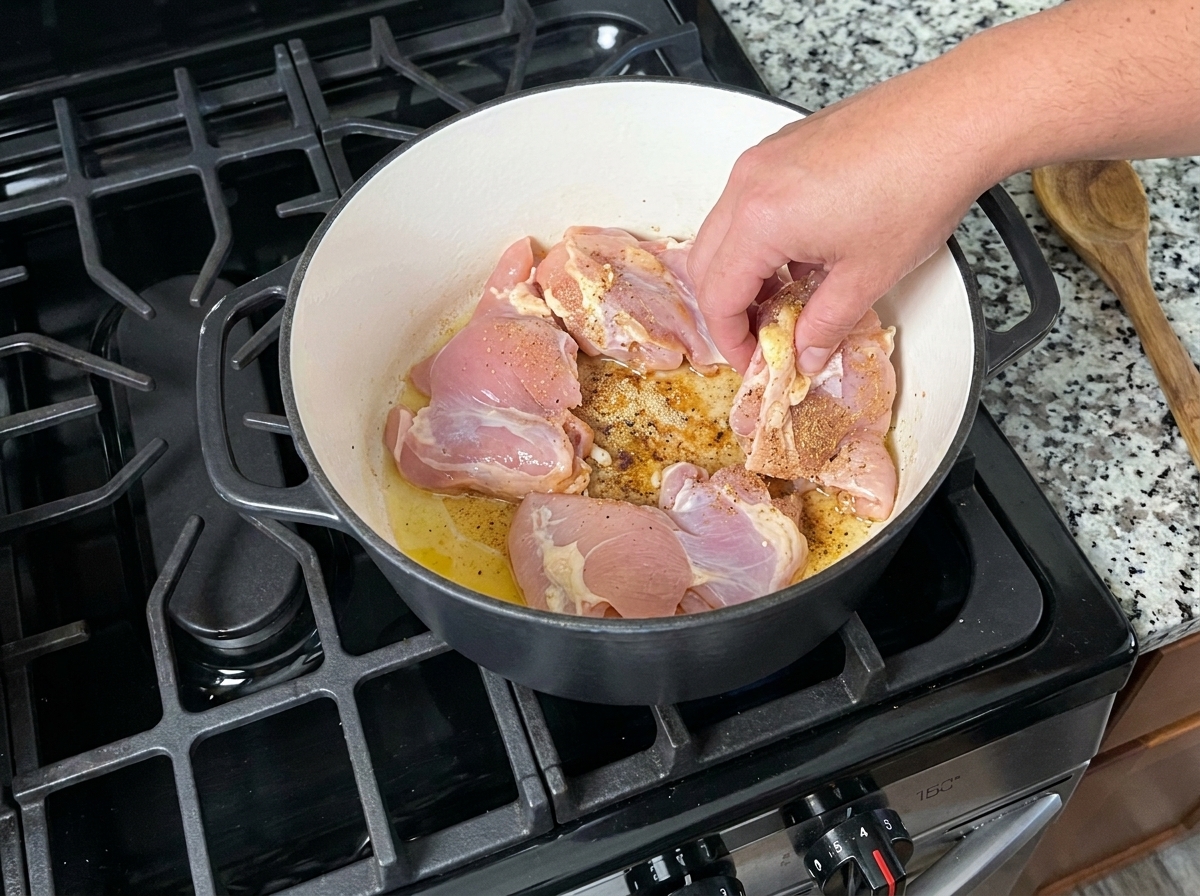 Gewürzte, rohe Hähnchenschenkel ohne Haut und Knochen werden zum Anbraten in einen Topf gelegt.