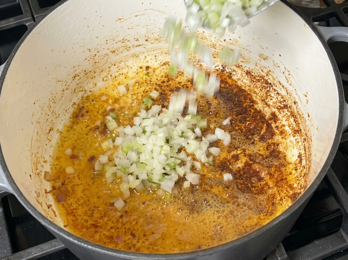 Gewürfelte Zwiebeln, Sellerie und Paprika werden in einen Topf mit Bratensatz am Boden gegeben.
