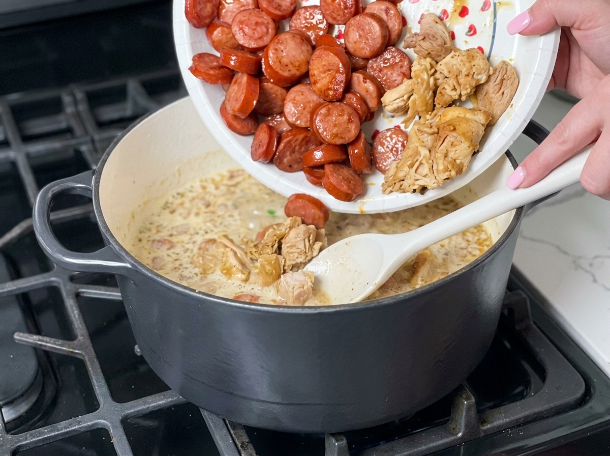Gebräunte Hähnchenstücke und Wurstscheiben werden von einem Pappteller in einen Topf mit Gumbo geschüttet.