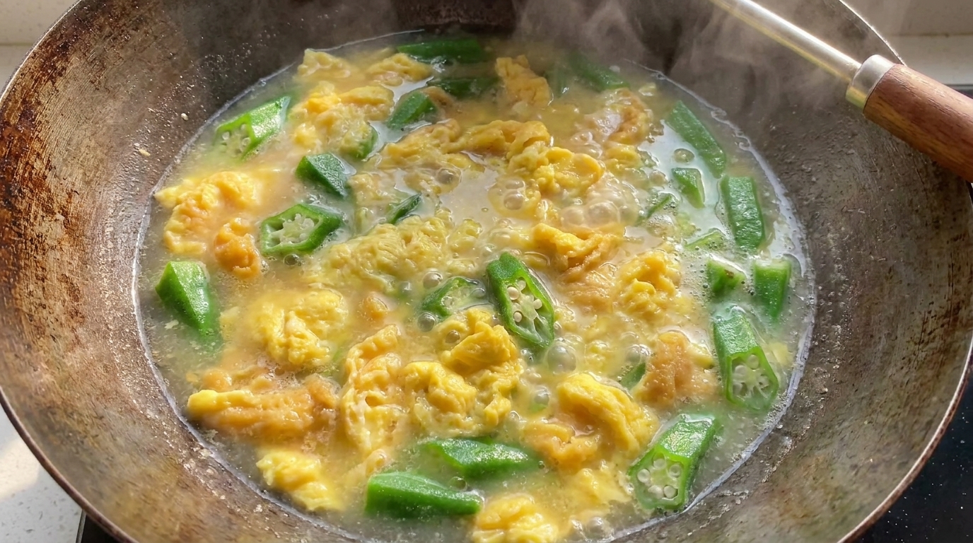 Eine Nahaufnahme von leuchtend grünen Okrascheiben und hellgelbem Rührei, die in einem dunklen Wok köcheln.