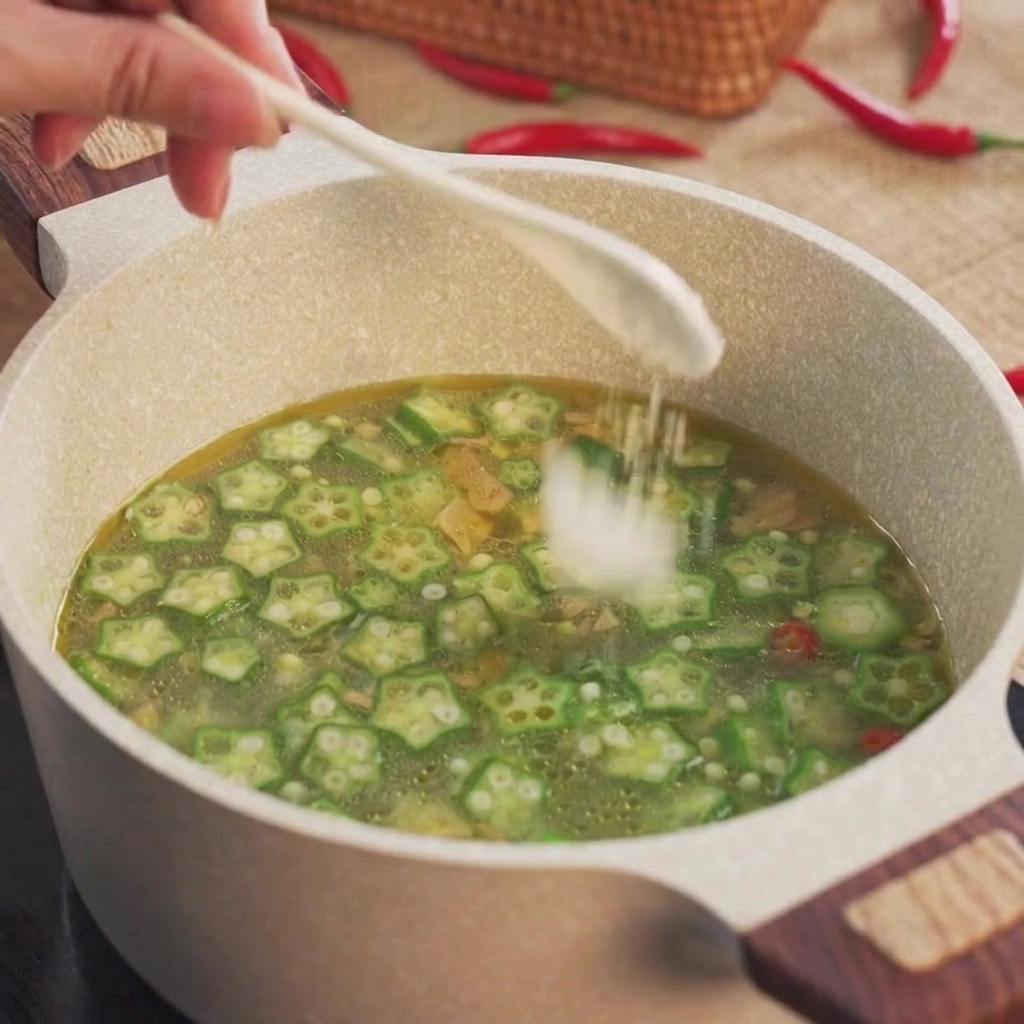 Ein weißer Löffel streut Salz in einen Topf mit Hähnchen, Okrascheiben und kochender Brühe.