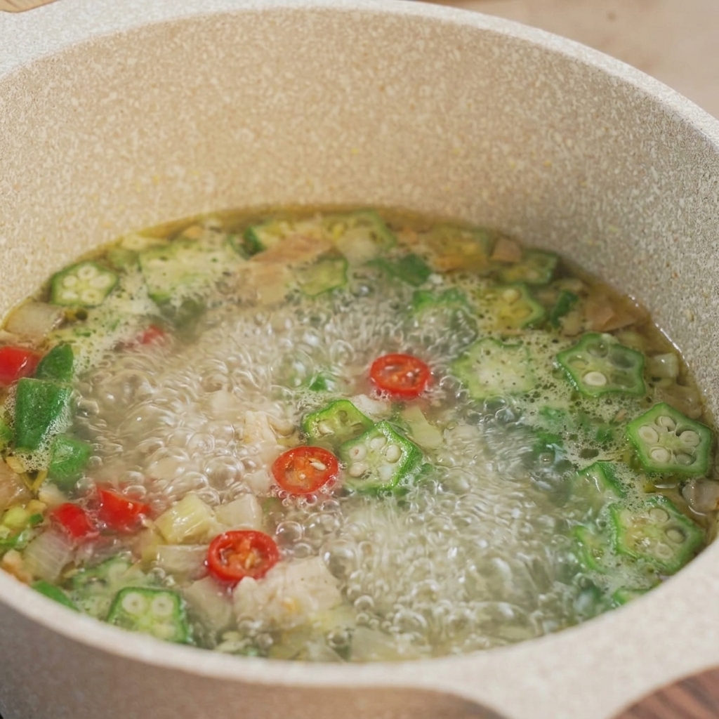 Eine lebhaft kochende Suppe in einem Topf mit hellgrünen Okrascheiben, roten Chilis und Hähnchen.