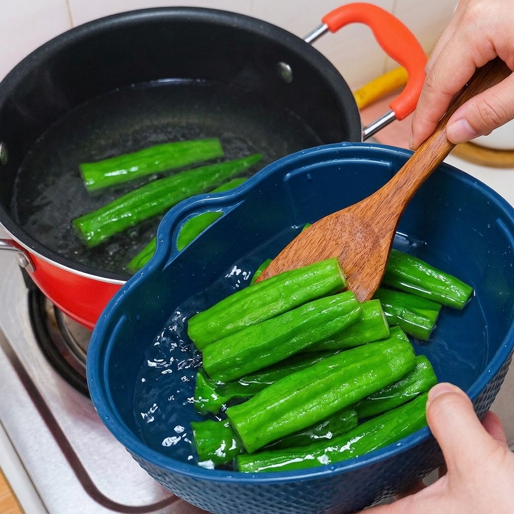 Gekochte Okra wird aus dem heißen Topf in ein blaues Sieb mit Eiswasser gefüllt.