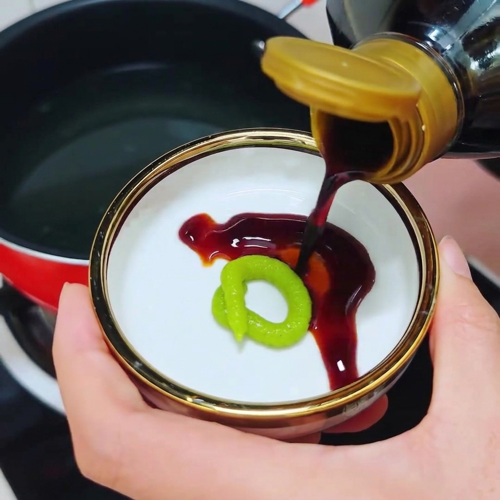Dunkle Sojasauce fließt aus einer Flasche in eine kleine Untertasse neben einem grünen Wasabiring.