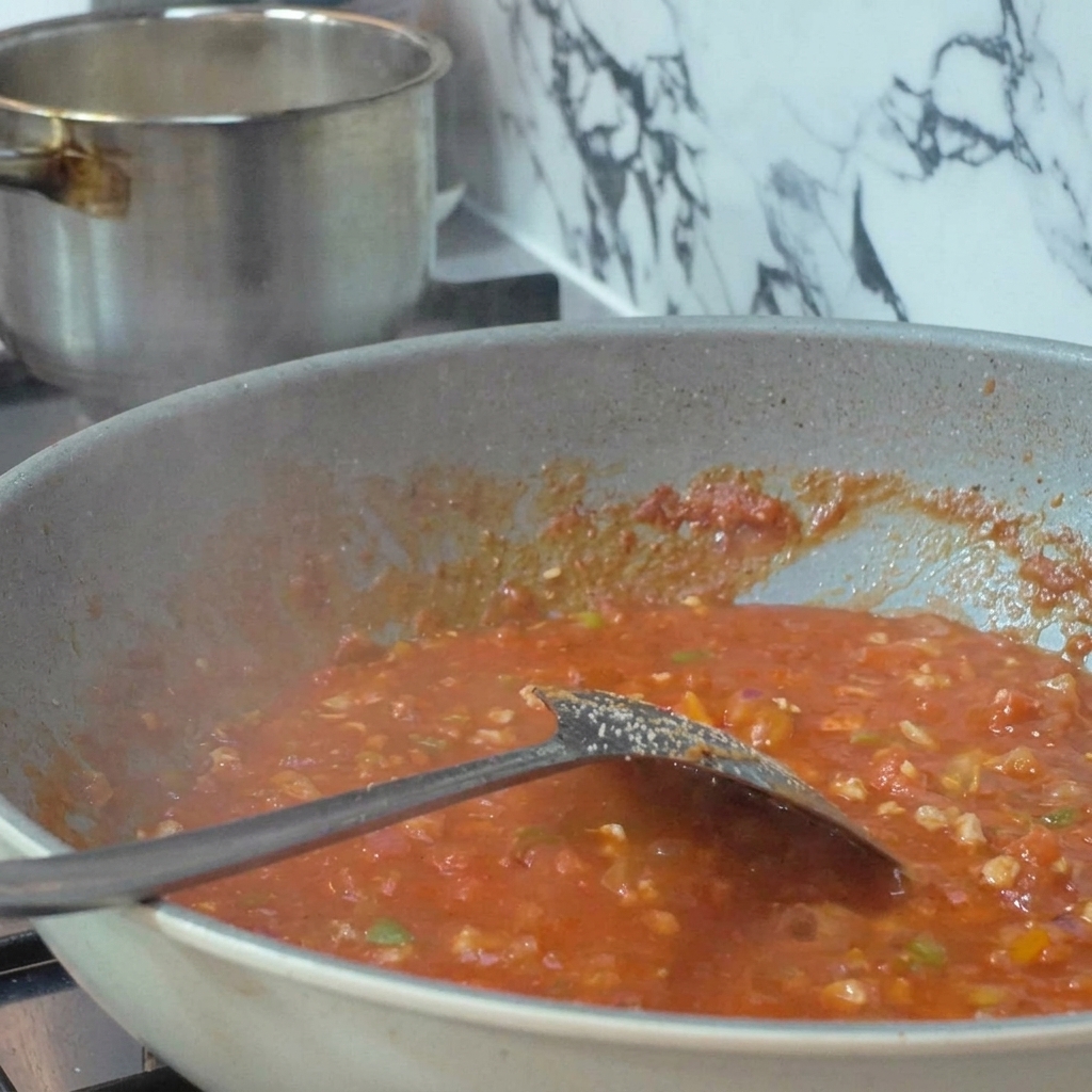Frische Tomaten auf Metallspießen, die direkt über der blauen Flamme eines Gasherds geröstet werden.
