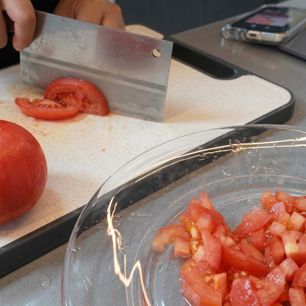 Blanchierte Tomaten, die auf einem Schneidebrett mit einem Küchenbeil in kleine Stücke geschnitten werden.