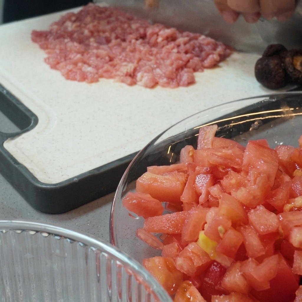 Fleisch, das auf einem Schneidebrett mit einem Hackmesser fein gehackt wird.