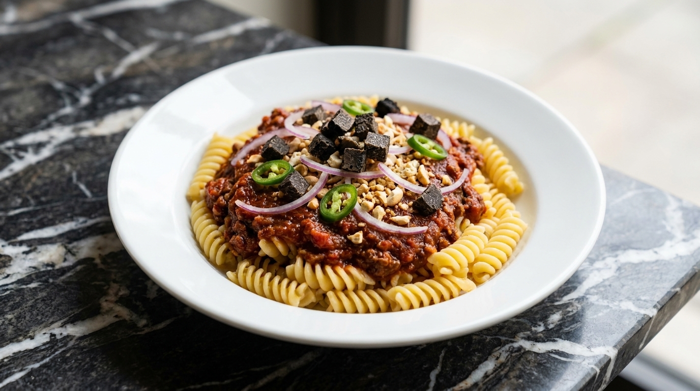 Pasta mit schwarzem Trüffel und Tomaten-Hackfleisch-Ragout