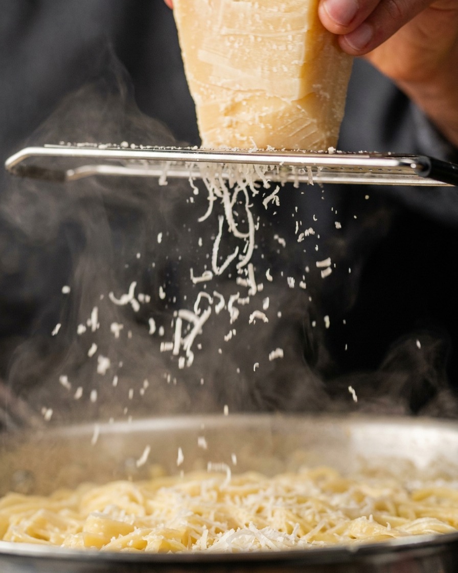 Frisch geriebener Käse fällt von einer Hand-Reibe aus Metall in eine köchelnde, cremige Pfannensauce.
