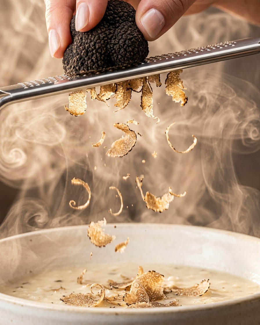 Dünne Späne von frischem schwarzem Trüffel fallen von einer Reibe in eine Schüssel mit cremiger Sauce.