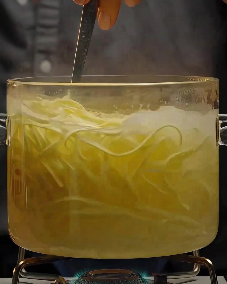 Lange Pastastränge kochen und werden in einem sprudelnden Glastopf mit kochendem Wasser umgerührt.