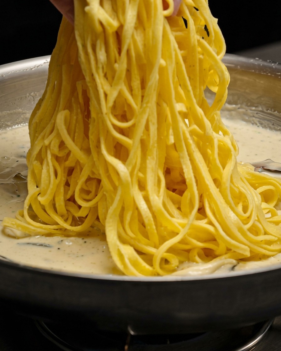 Ein Bündel gelber Pasta wird angehoben und in eine cremige, mit Pilzen gefüllte Pfannensauce eingearbeitet.