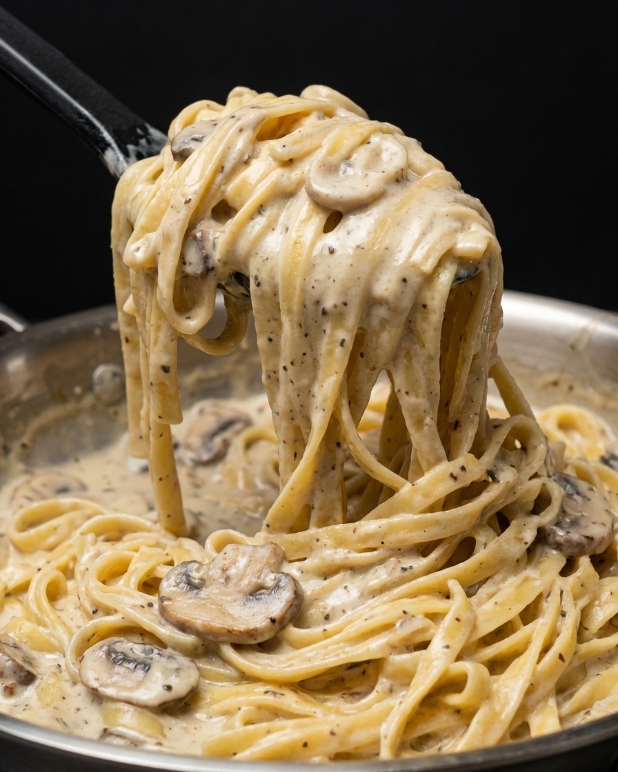 Schwarze Küchenzange hebt eine gedrehte Portion cremige Pilz-Pasta aus der Pfanne.