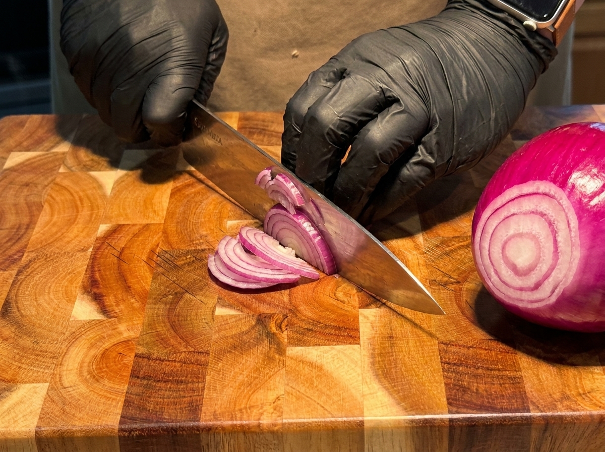 Ein Messer schneidet eine rote Zwiebel auf einem Holzschneidebrett neben einer halbierten Zwiebel.