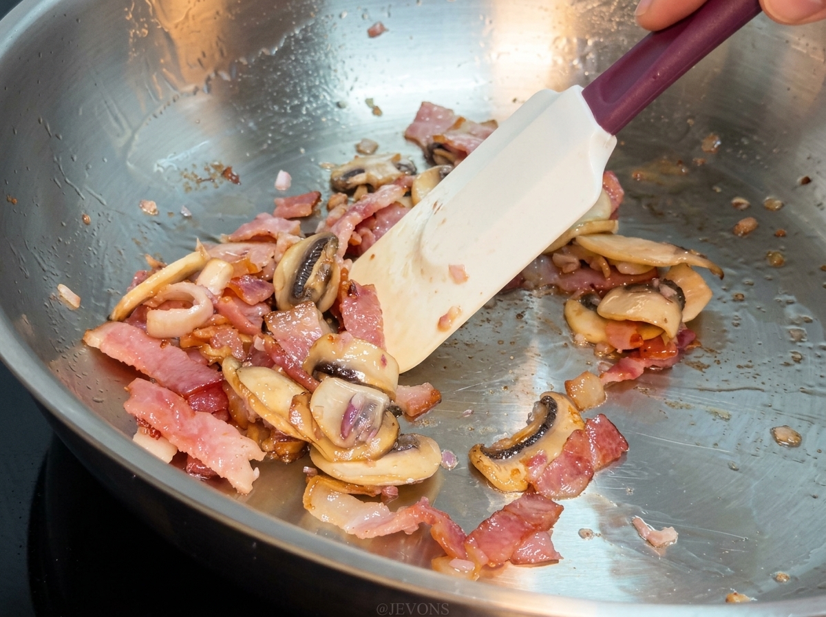 Ein Silikonspatel rührt gekochte Pasta, Speck und Pilze in einer Metallpfanne zusammen.