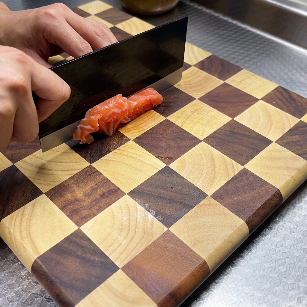 Lachsfilets werden auf einem karierten Holzschneidebrett mit einem dunklen Küchenbeil in gleichmäßige 1 Zentimeter große Blöcke geschnitten.