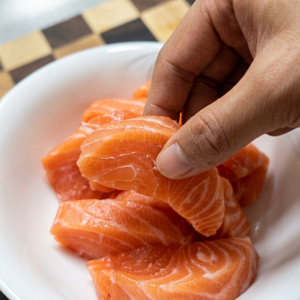 Eine Hand hält ein Stück frischen Lachs über eine weiße Schüssel, in der Lachsstücke mit Sojasauce gewürzt werden.
