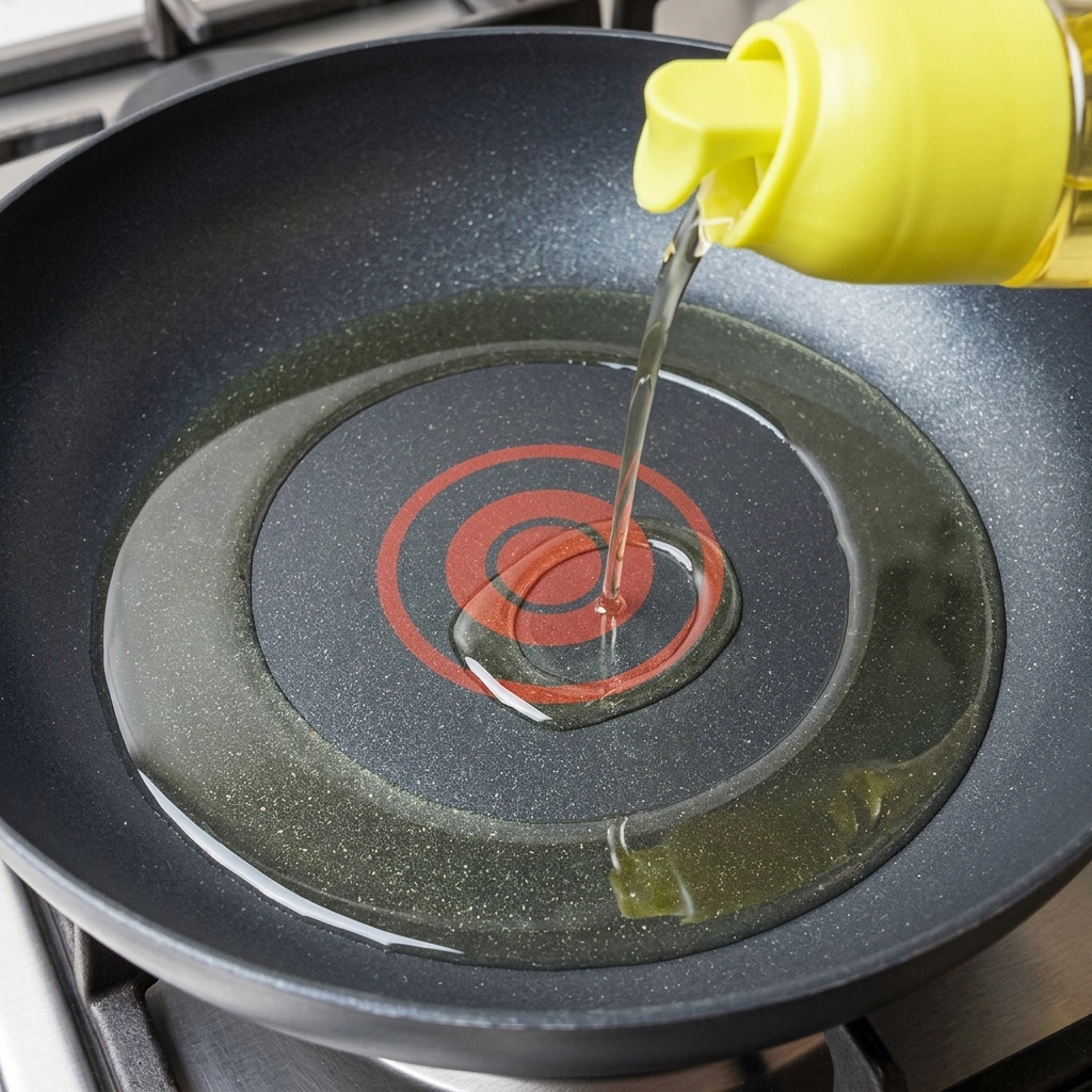 Speiseöl wird aus einer Quetschflasche mit gelbem Verschluss in eine erhitzte Antihaft-Pfanne mit flachem Boden gegossen.