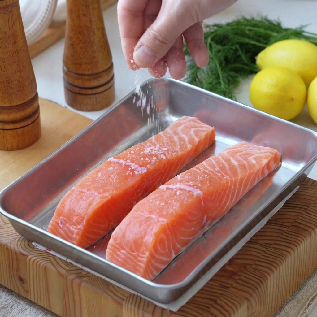 Frische Lachsfilets werden in einer edelstahlschale mit Meersalz und schwarzem Pfeffer gewürzt.