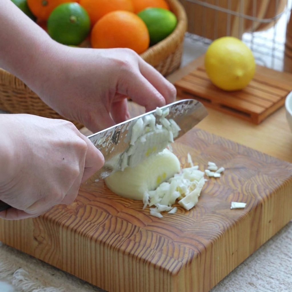 Eine Zwiebel und Knoblauchzehen werden auf einem hölzernen Schneidebrett fein gehackt.