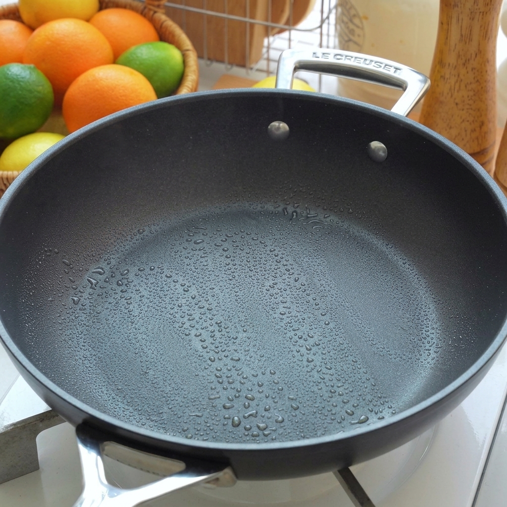 Eine heiße, dunkle Antihaftpfanne mit Olivenöltropfen auf dem Herd.