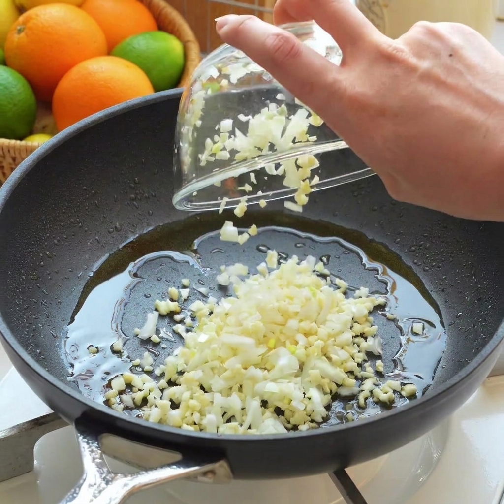Gehackte Zwiebeln, Knoblauch und Zitronenabrieb werden in eine Pfanne mit Öl gegeben.