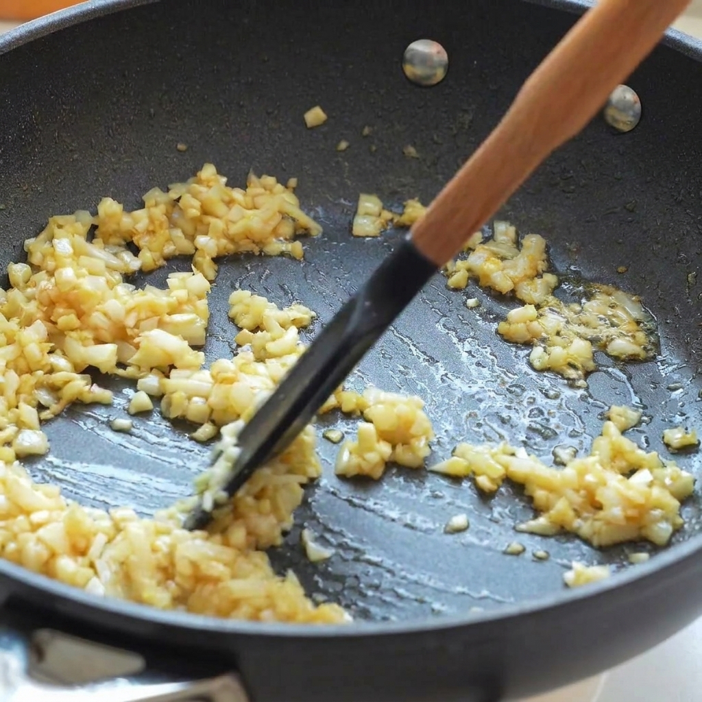Wasser wird in die Pfanne mit Zwiebeln und Knoblauch gegossen und umgerührt.