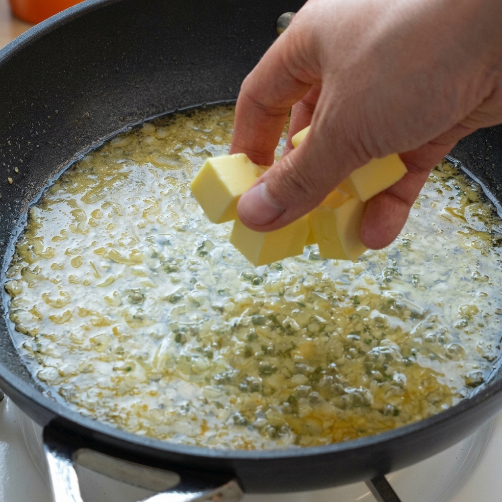 Butterstücke werden in die köchelnde Zitronensoße gegeben.