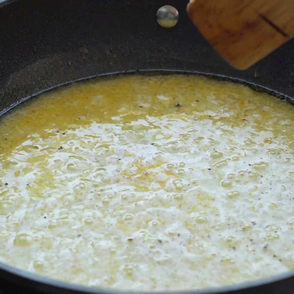 Eine Pfanne mit cremiger Zitronen-Butter-Soße wird mit einem Holzlöffel verrührt.