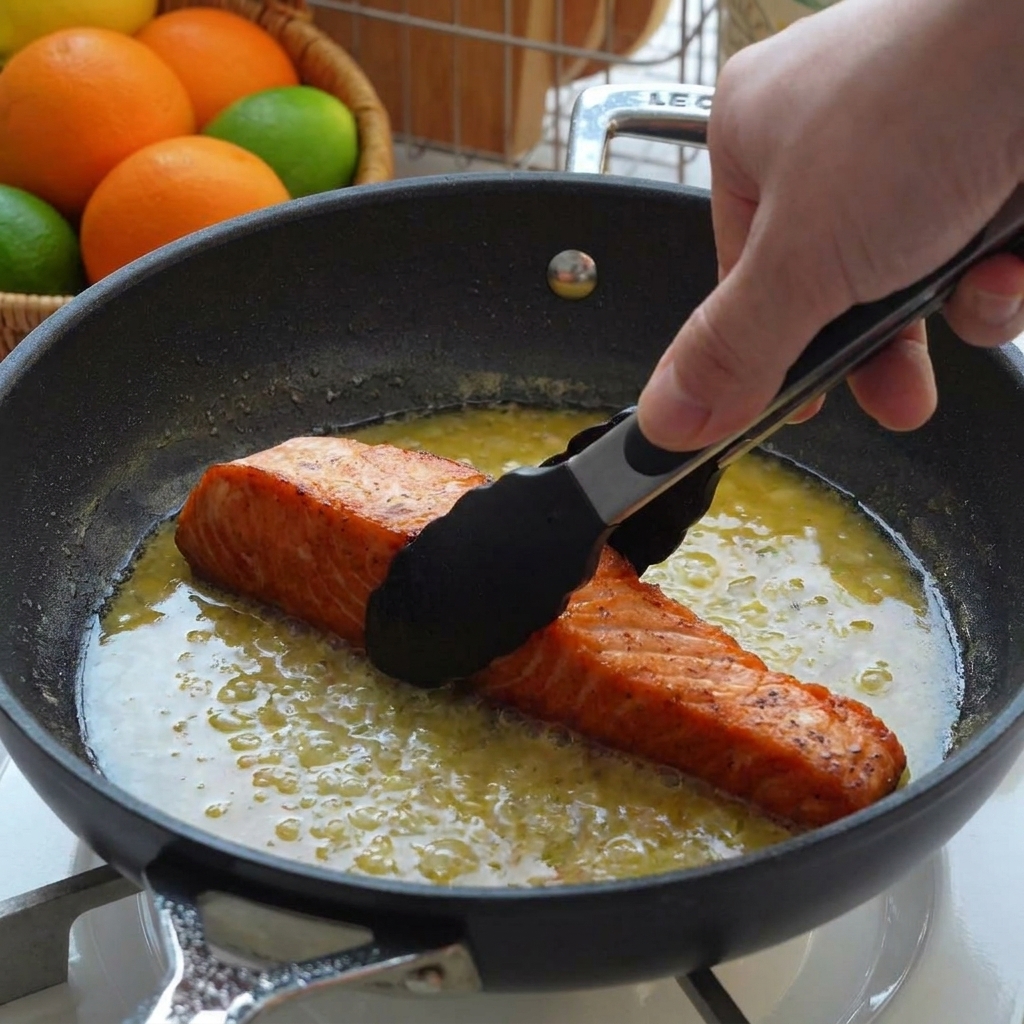 Angebratene Lachsfilets werden mit einer Zange in die Zitronen-Butter-Soße gelegt.