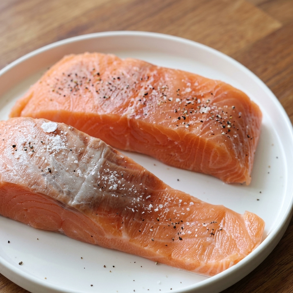 Zwei rohe Lachsfilets auf einem weißen Teller, großzügig mit grobem Meersalz und schwarzem Pfeffer gewürzt.