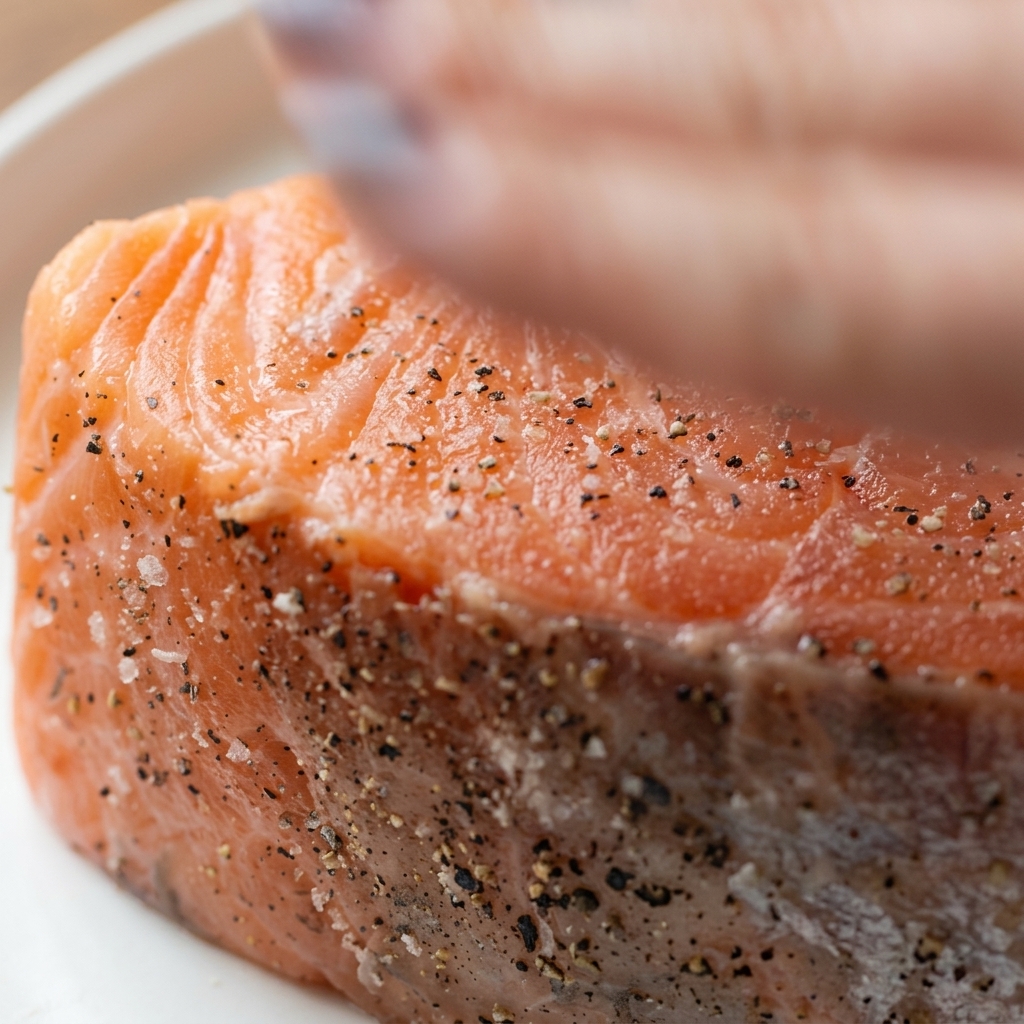 Eine Hand reibt sanft Meersalz und schwarzen Pfeffer in ein rohes Lachsfilet ein.