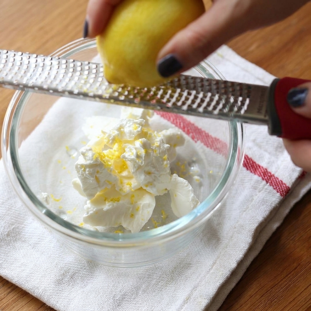 Hände reiben die Schale einer ganzen Zitrone mit einer feinen Reibe über einer Glasschüssel mit weichem Frischkäse.