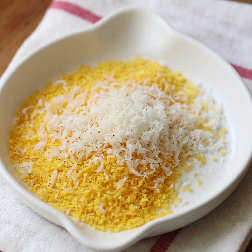 Eine kleine weiße Schale mit einer Mischung aus gelbem Paniermehl und fein geriebenem weißen Parmesan.