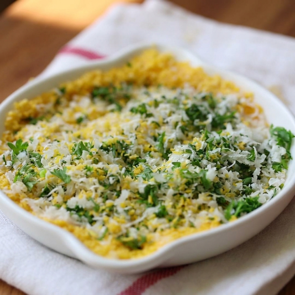 Ein weißer Teller mit einer Mischung aus gelbem Paniermehl, geriebenem Parmesan und gehackter grüner Petersilie.