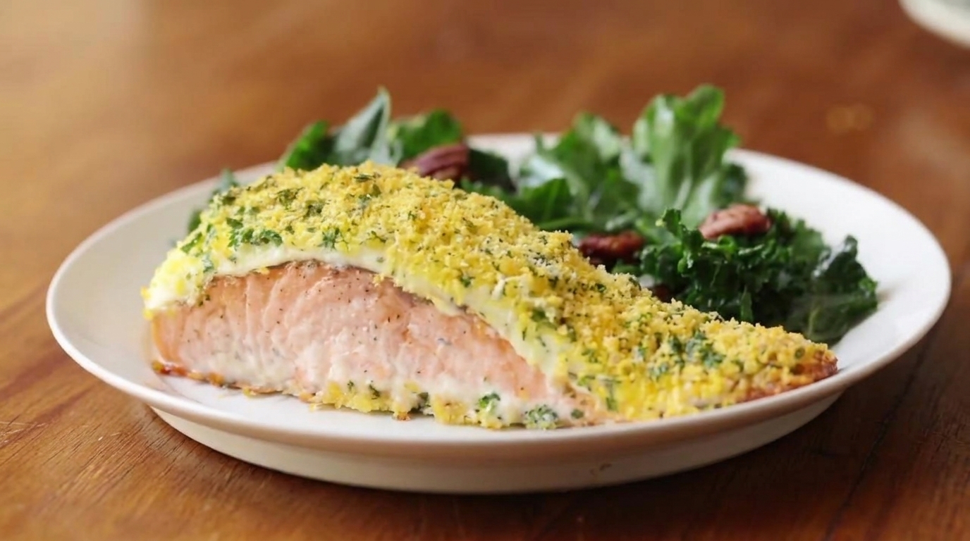 Gebackener Lachs mit Parmesankruste und Grünkohlsalat
