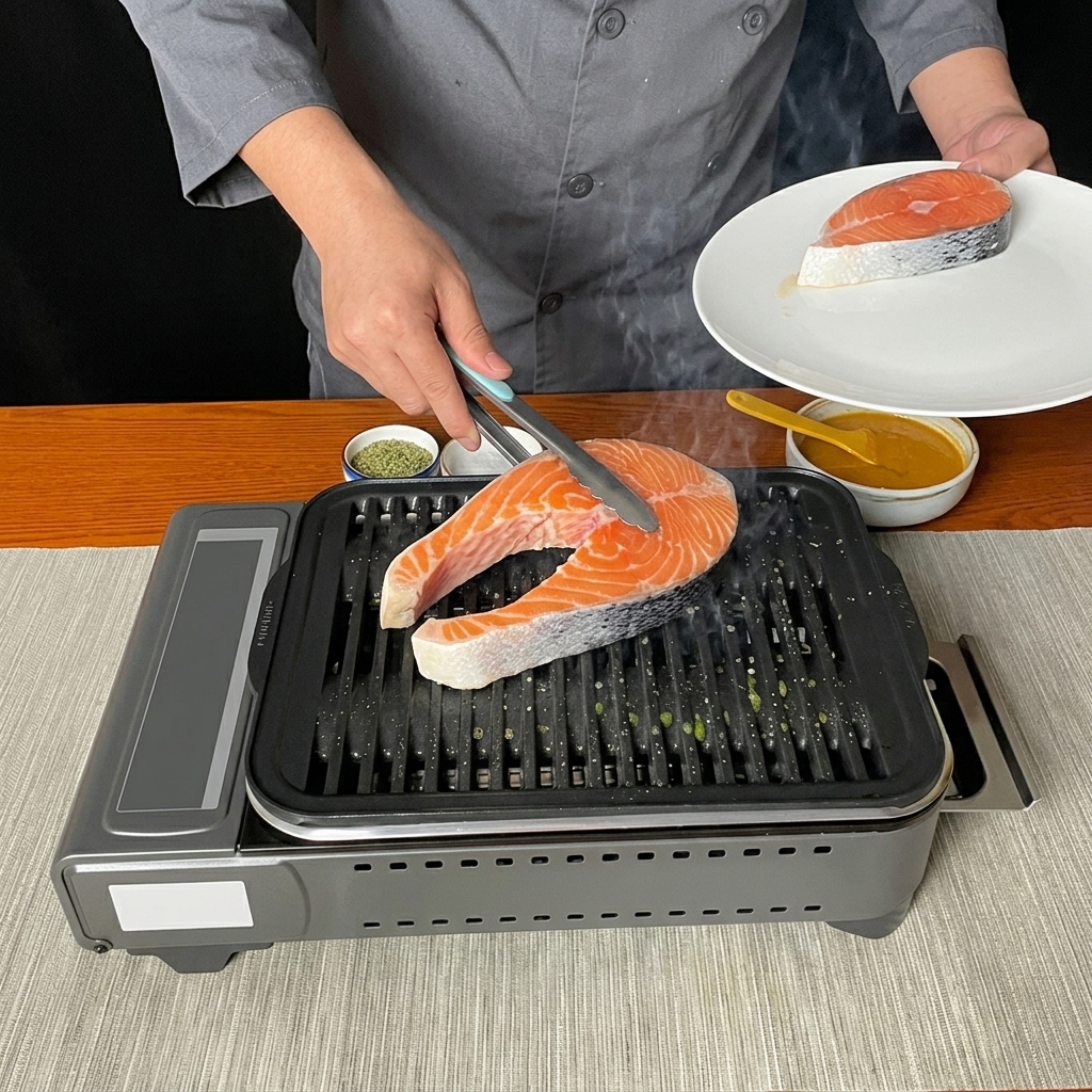 Rohe Lachssteaks werden mit einer Metallzange auf eine heiße Grillpfanne gelegt.