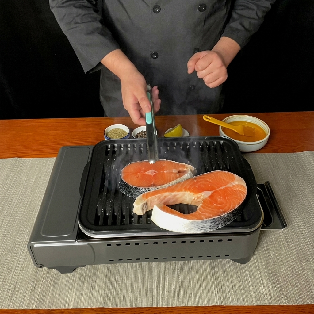 Lachssteaks braten in der Grillpfanne mit sichtbaren Grillstreifen.