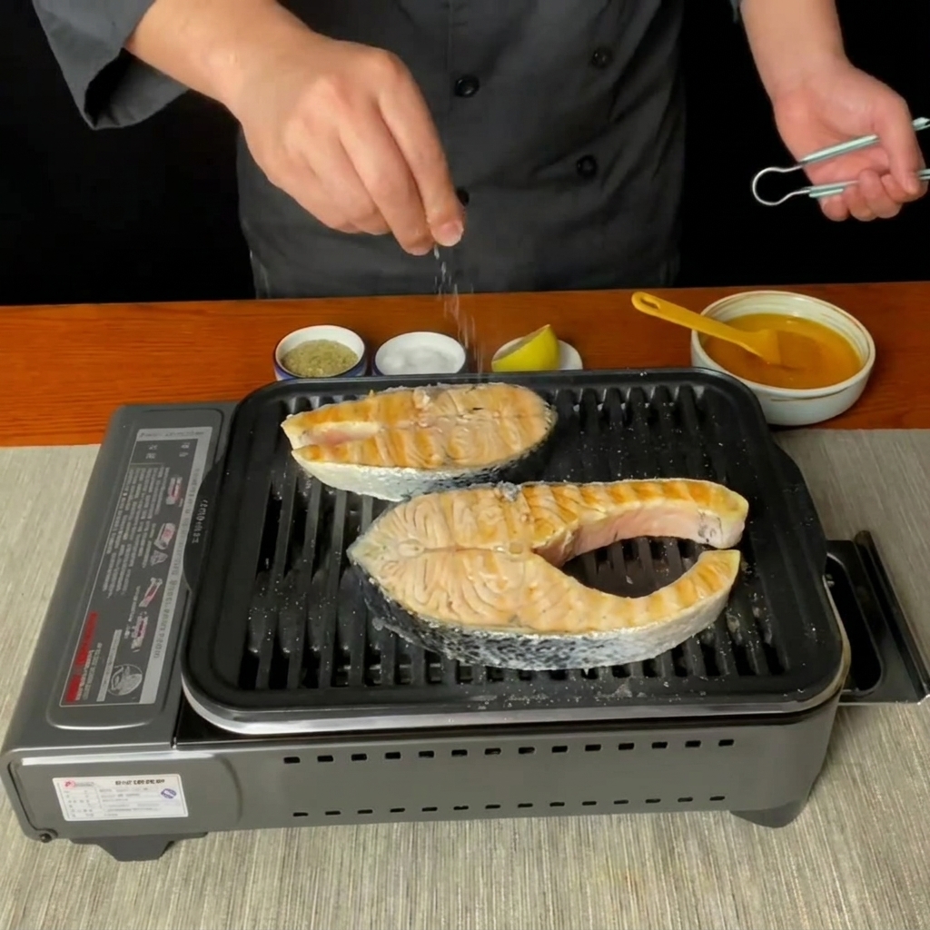 Salz wird von oben auf die auf dem Grill bratenden Lachssteaks gestreut.