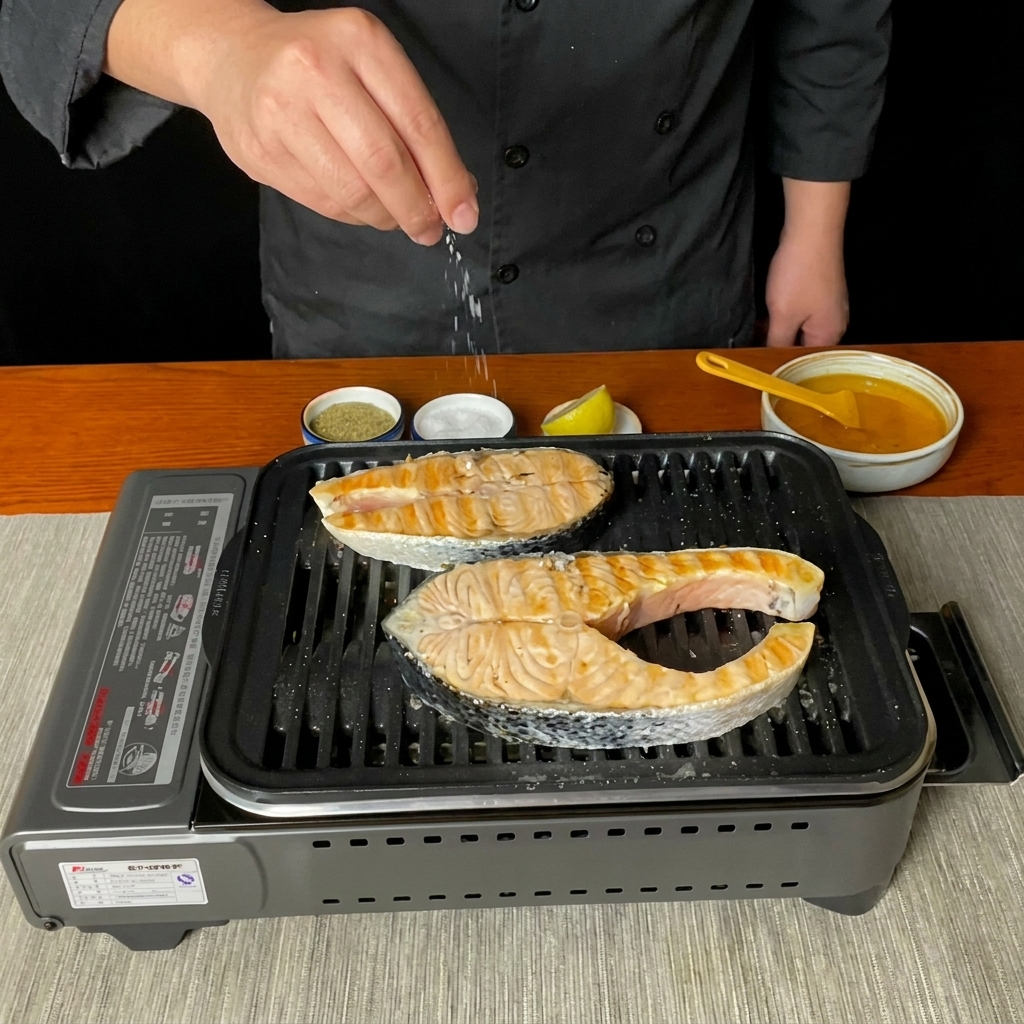 Getrockneter Rosmarin wird über die Lachssteaks auf dem Grill gestreut.