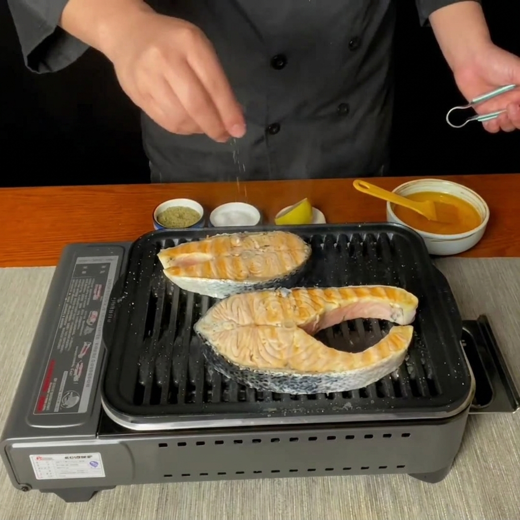 Frischer Zitronensaft wird über die Lachssteaks in der Grillpfanne gedrückt.