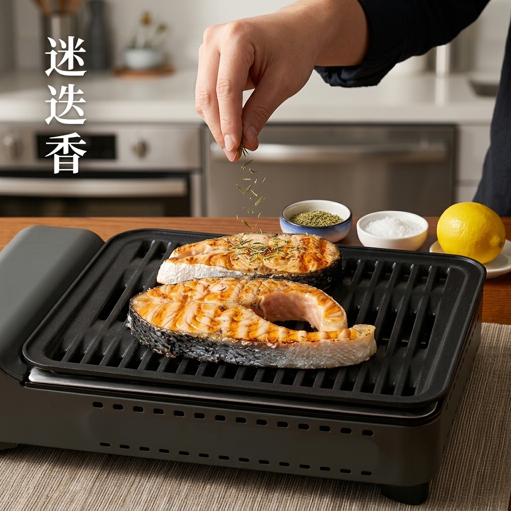 Eine Hand streut frische Rosmarinkräuter über die Lachssteaks auf dem Grill.