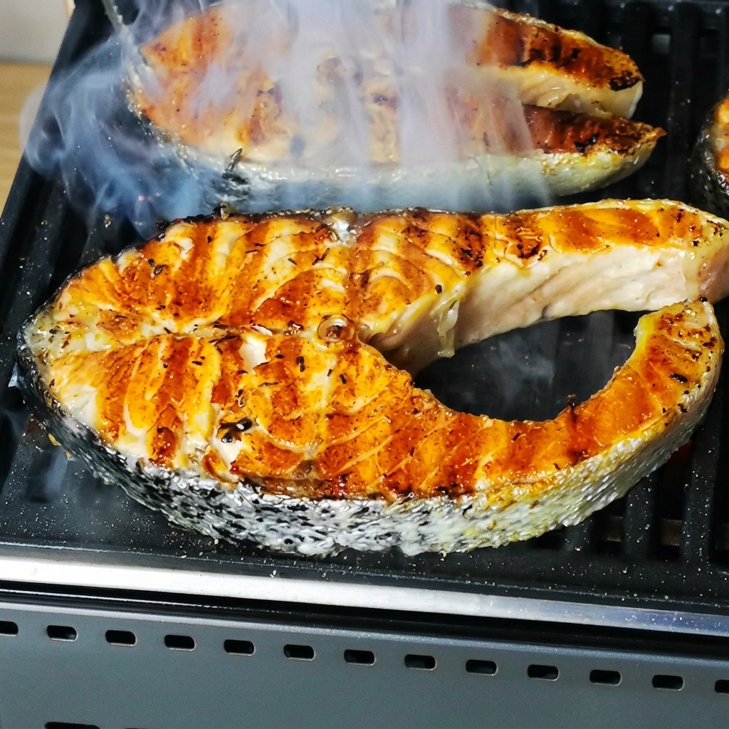 Lachssteaks grillen in einer heißen Pfanne mit aufsteigendem Dampf.